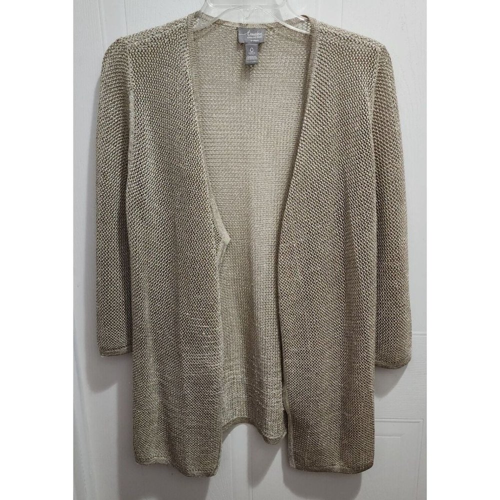 Chicos Travelers Women's Open Knit Open Cardigan Sweater Gold Metallic Sz 0 (S)